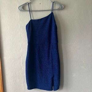 Lulus Blue Take Me Anywhere Sparkly Assymetrical Bodycon Dress Size Small